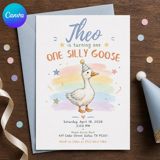 Watercolor Pastel One Silly Goose First Birthday Invitation — editable Canva template
