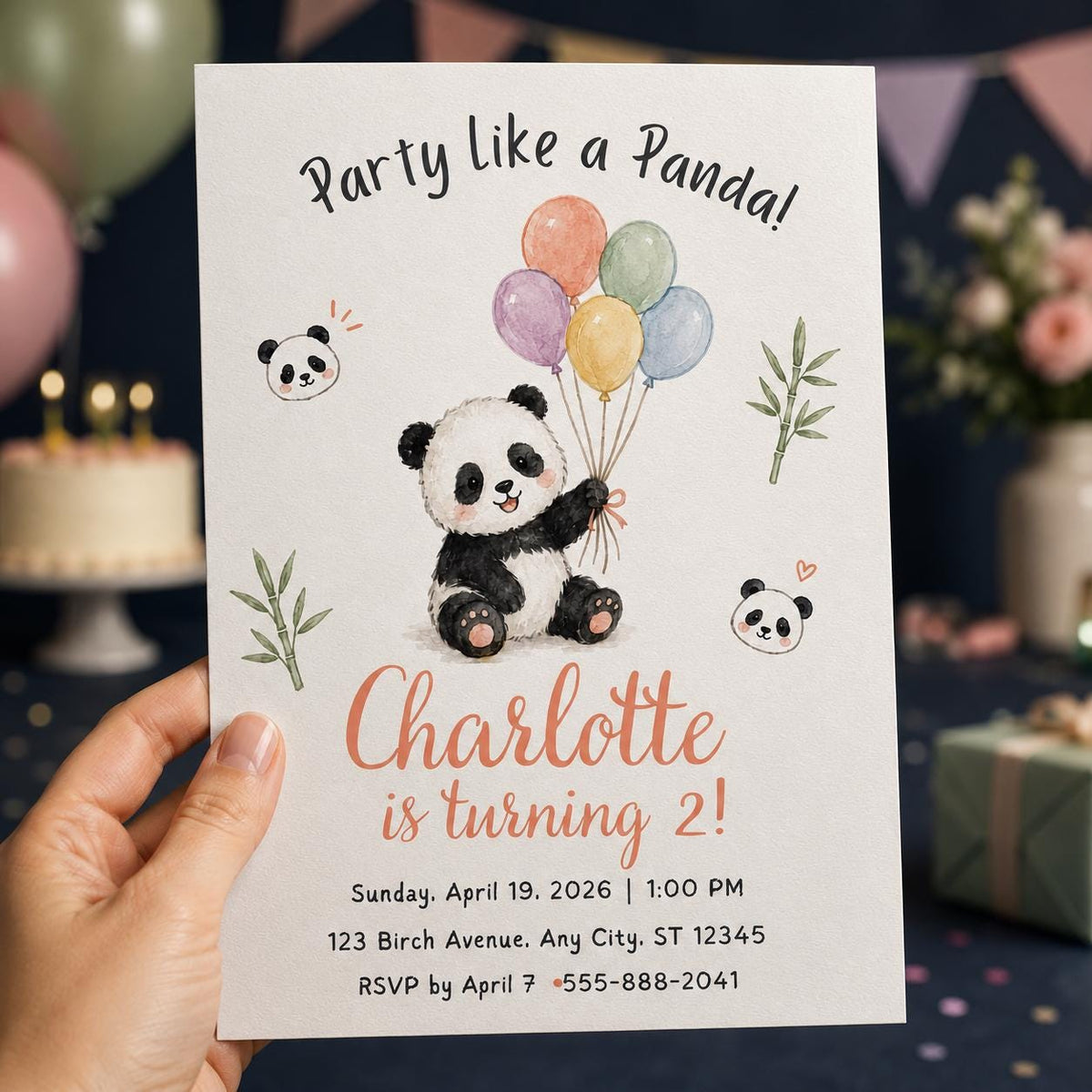 Watercolor Pastel Panda 2nd Birthday Invitation for Girls — print-ready 2nd birthday party design from VoltBy