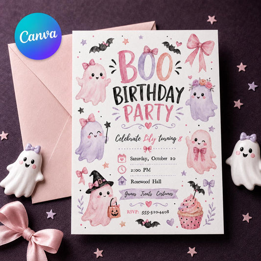 Watercolor Pastel Pink Ghost Birthday Invitation for Girls — editable Canva template