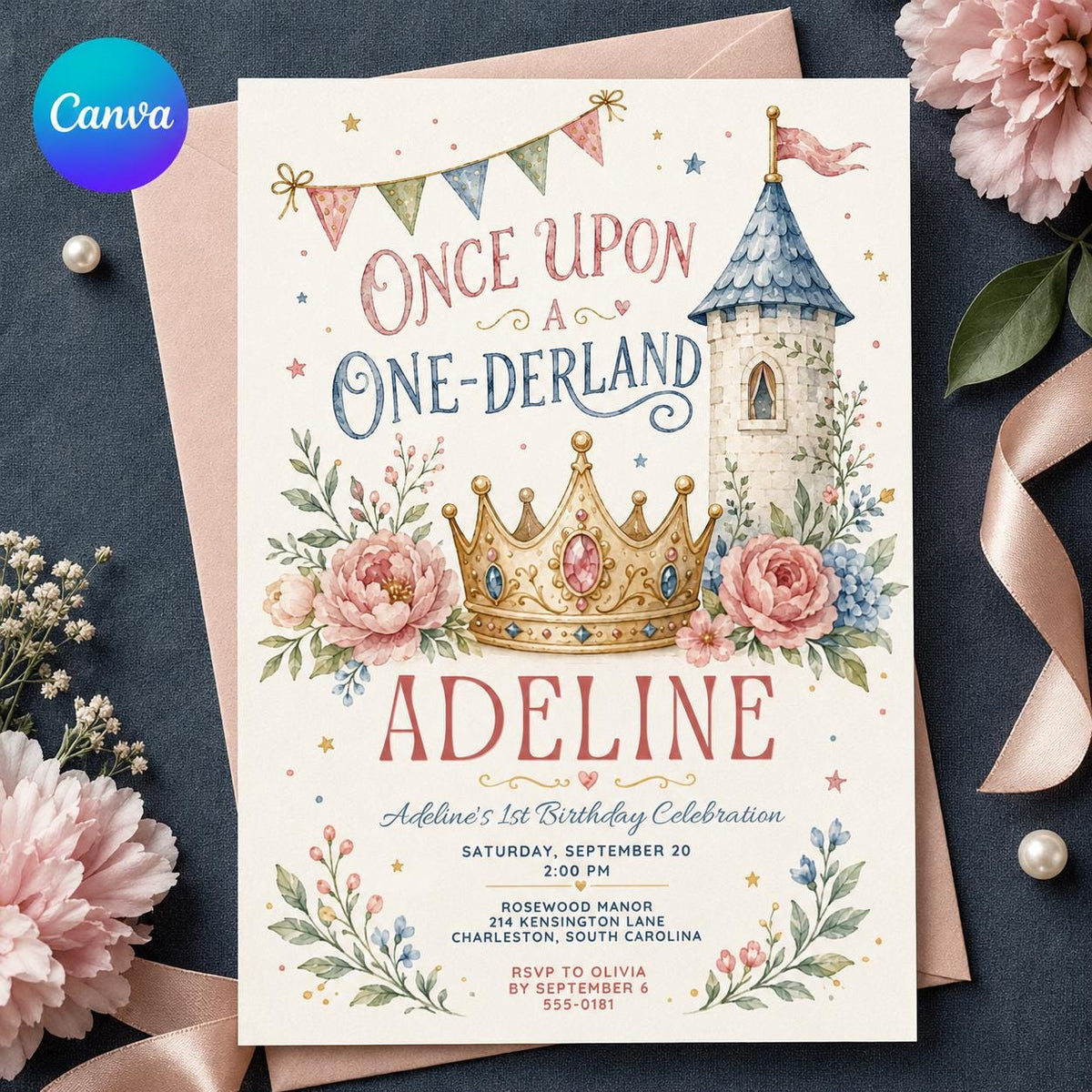 Watercolor Pastel Princess 1st Birthday Invitation — editable Canva template