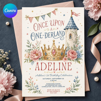 Watercolor Pastel Princess 1st Birthday Invitation — editable Canva template