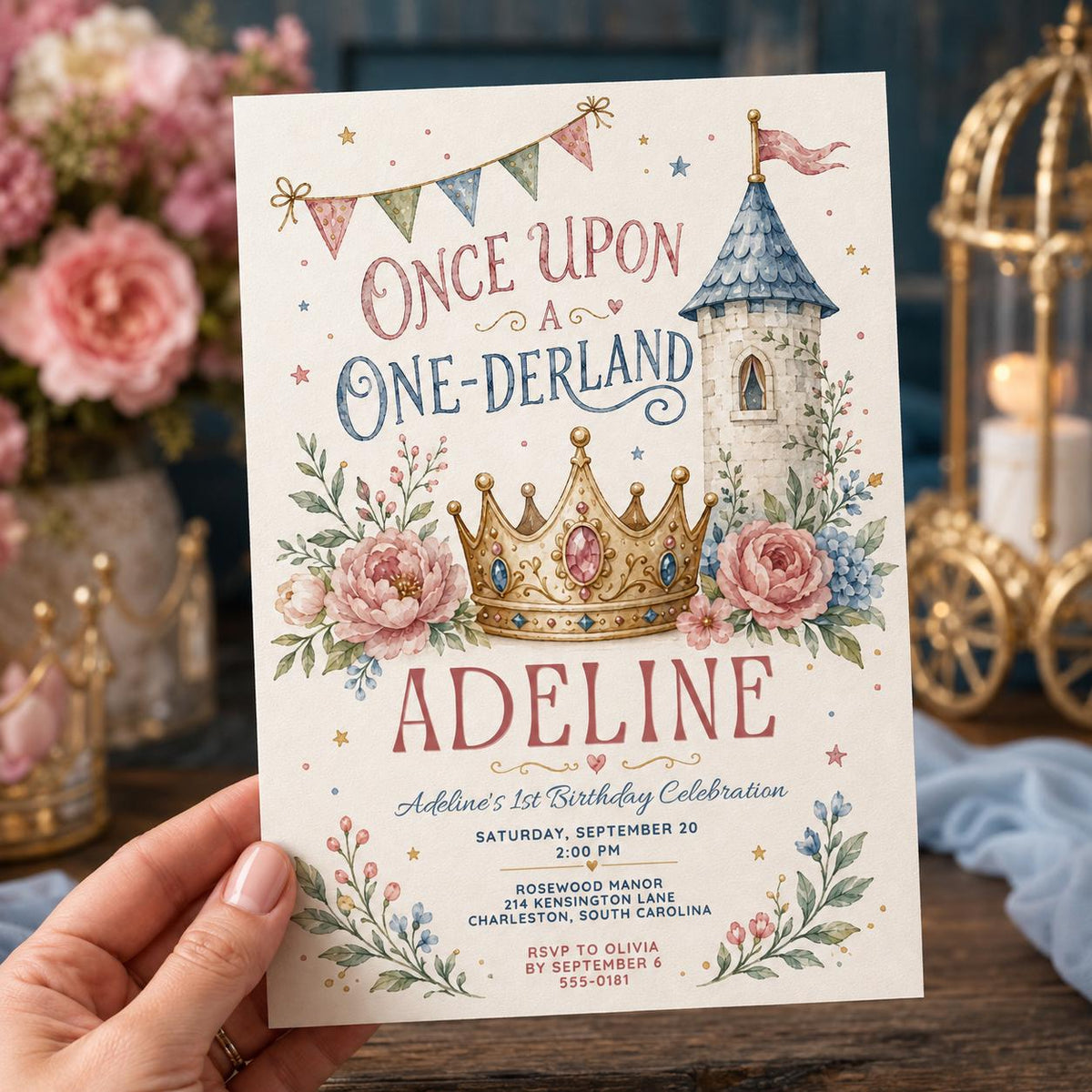 Watercolor Pastel Princess 1st Birthday Invitation — invitation you personalize in Canva