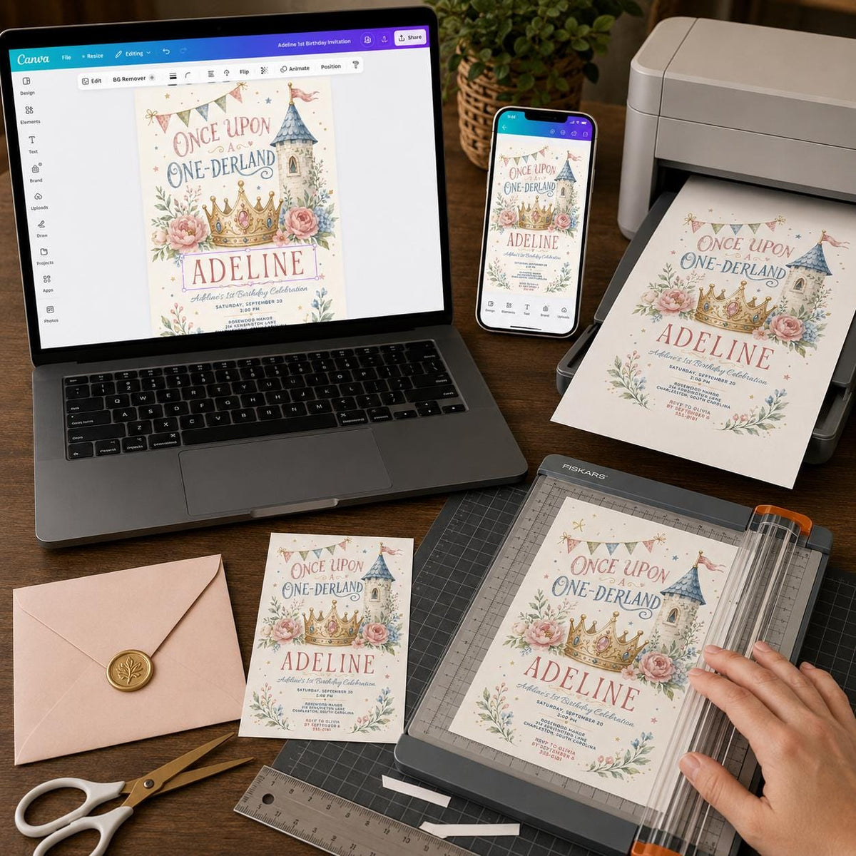 Watercolor Pastel Princess 1st Birthday Invitation — print-ready first birthday design from VoltBy