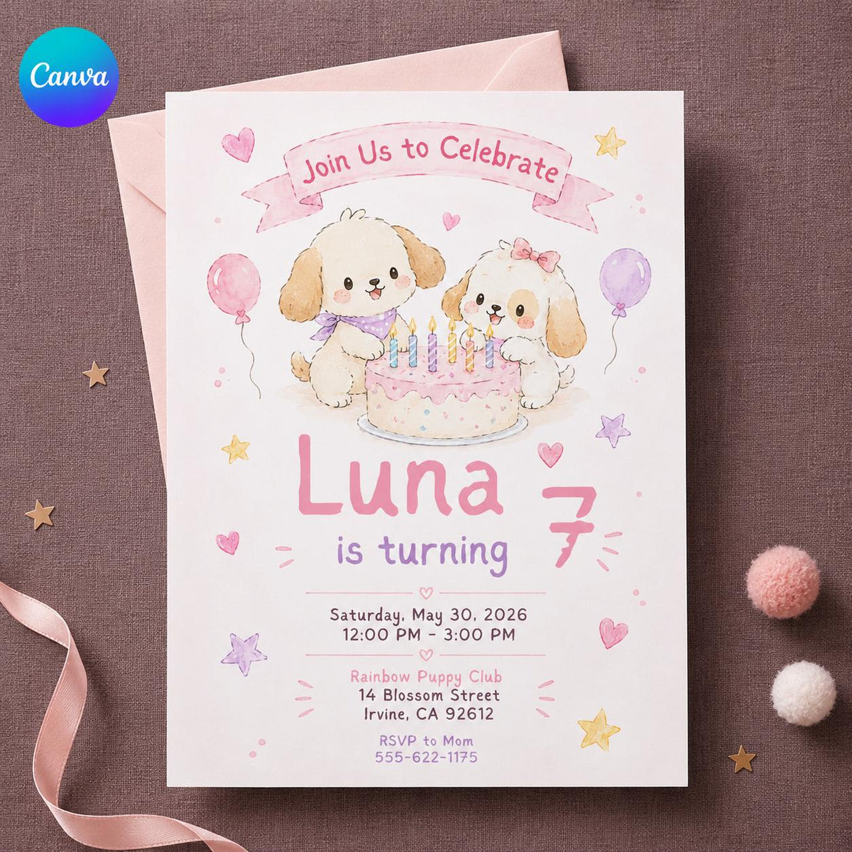 Watercolor Pastel Puppy 7th Birthday Invitation for Girls — editable Canva template
