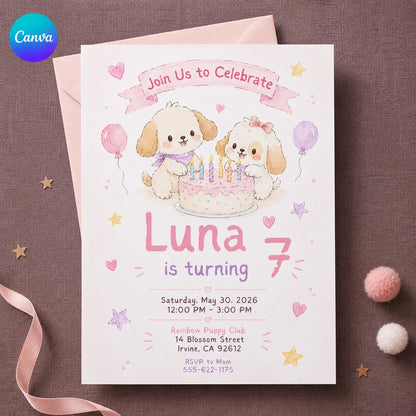 Watercolor Pastel Puppy 7th Birthday Invitation for Girls — editable Canva template
