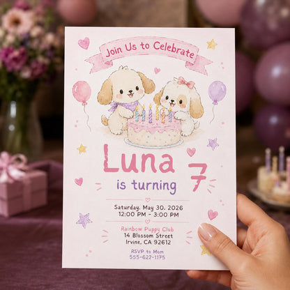 Watercolor Pastel Puppy 7th Birthday Invitation for Girls — invitation you personalize in Canva