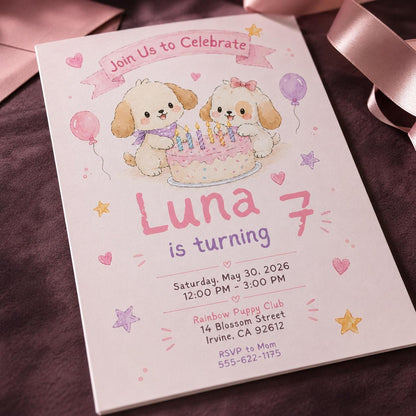 Watercolor Pastel Puppy 7th Birthday Invitation for Girls — digital invitation, instant download