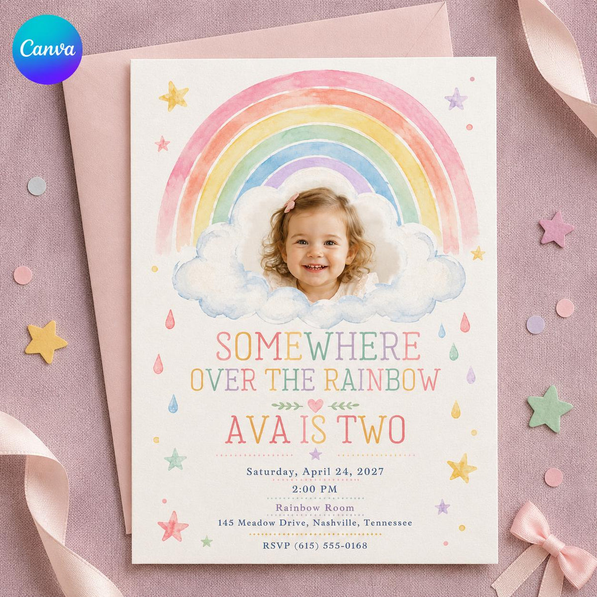 Watercolor Pastel Rainbow 2nd Birthday Invitation for Girls — editable Canva template