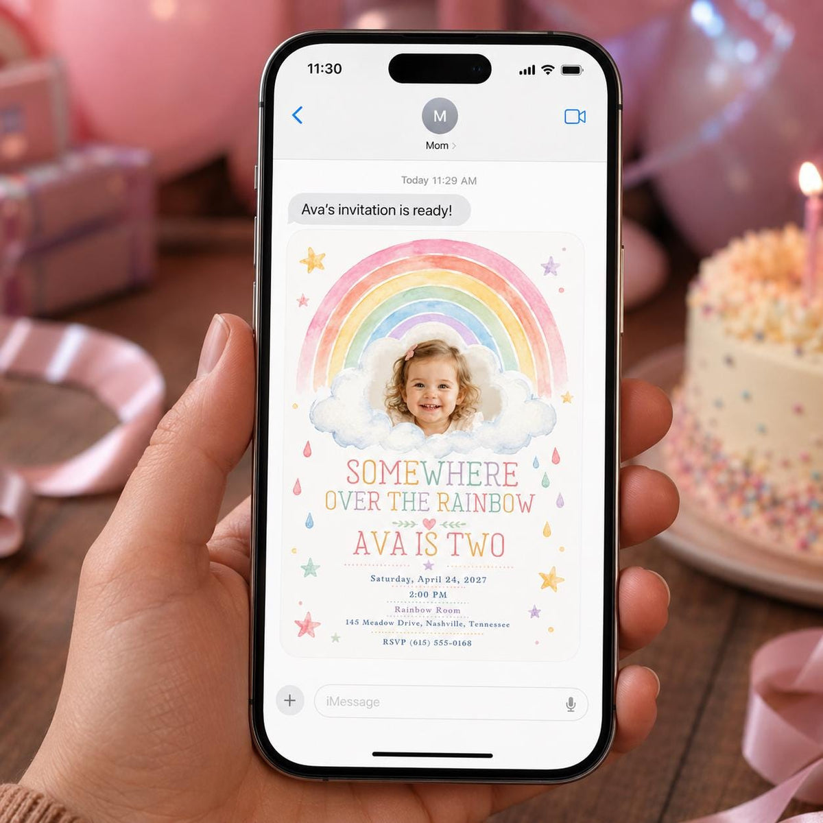 Watercolor Pastel Rainbow 2nd Birthday Invitation for Girls — invitation you personalize in Canva