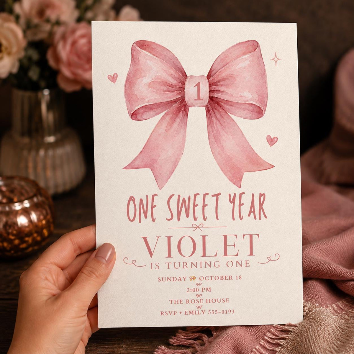 Watercolor Pink Bow 1st Birthday Invitation for Girls — print-ready first birthday design from VoltBy