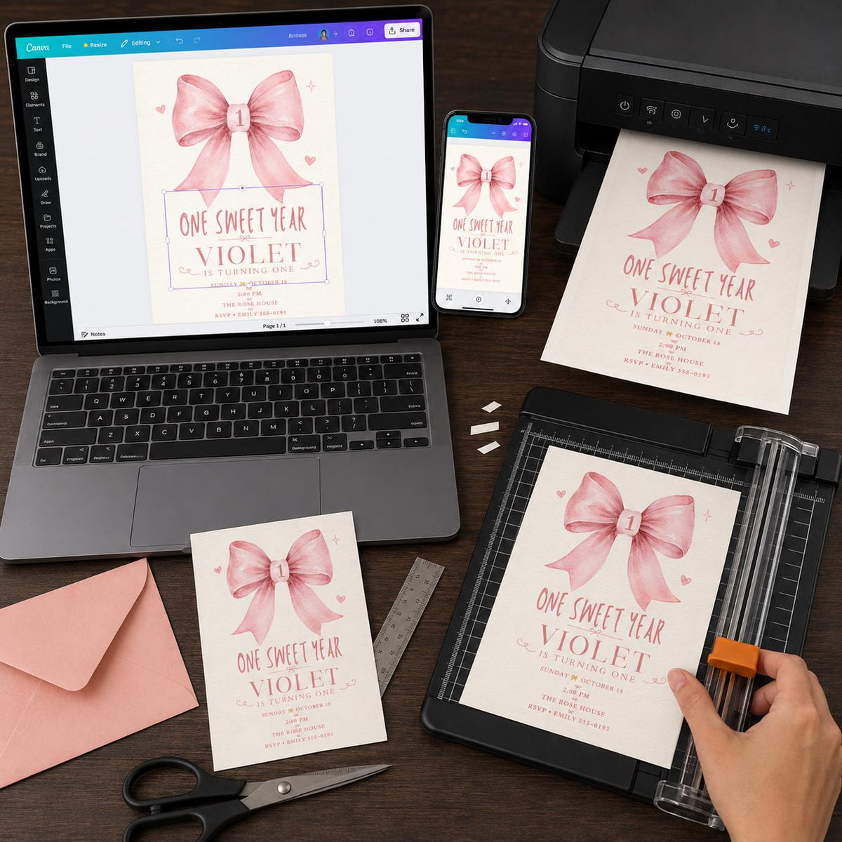 Watercolor Pink Bow 1st Birthday Invitation for Girls — digital invitation, instant download