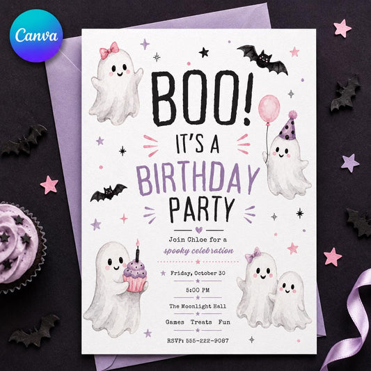 Watercolor Pink Ghost Birthday Invitation for Girls — editable Canva template