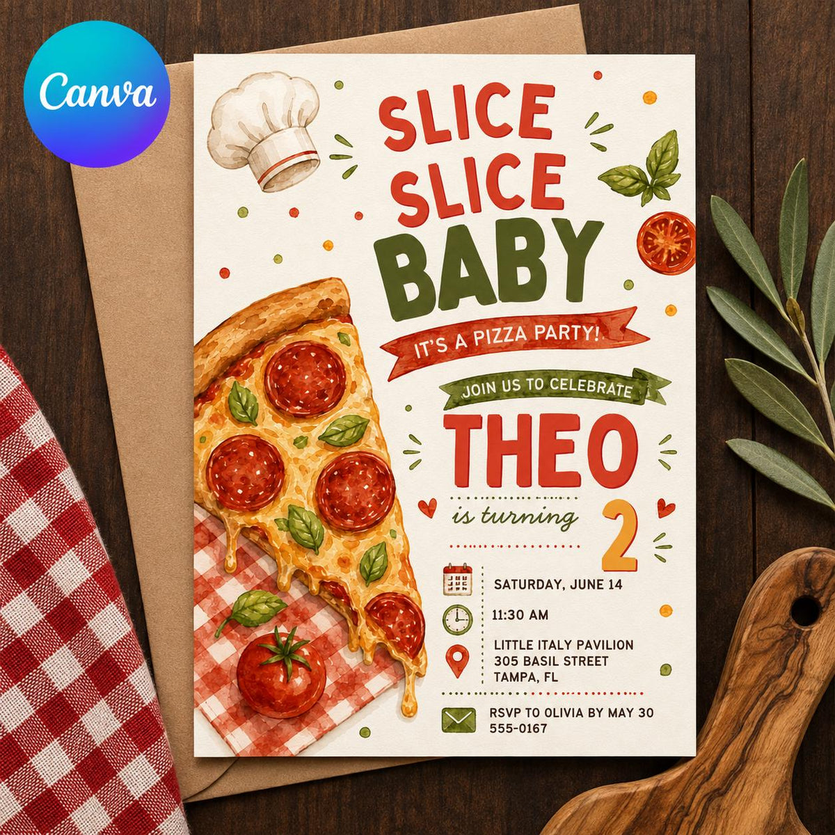 Watercolor Pizza 2nd Birthday Invitation — editable Canva template