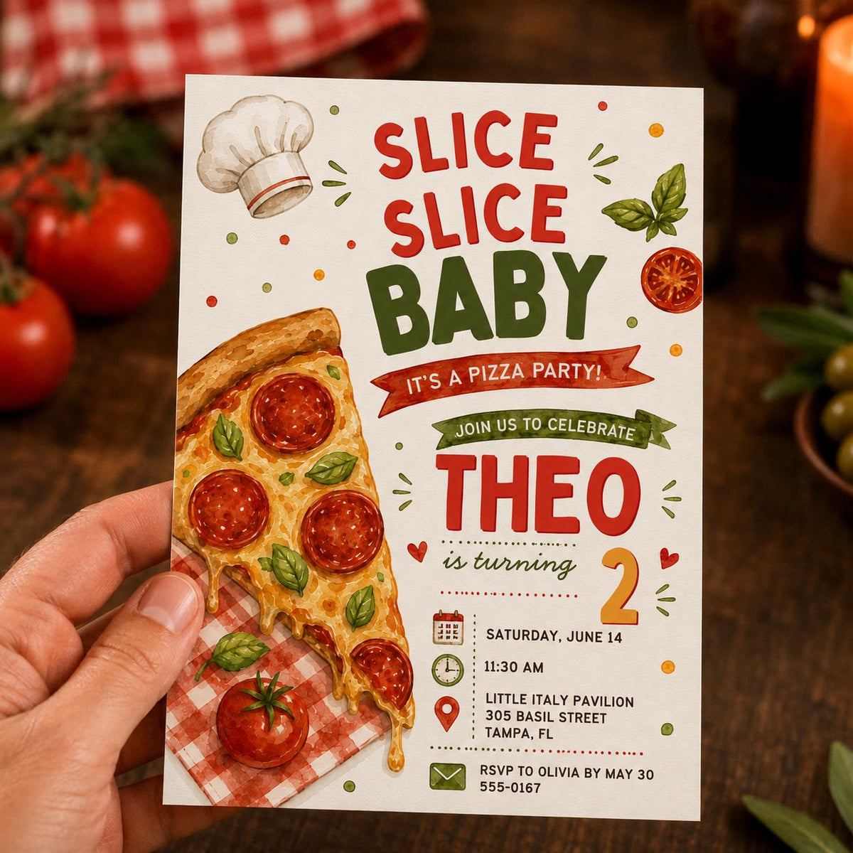 Watercolor Pizza 2nd Birthday Invitation — print-ready 2nd birthday party design from VoltBy