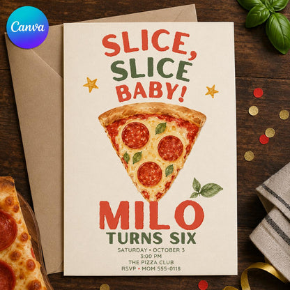 Watercolor Pizza Birthday Invitation — editable Canva template