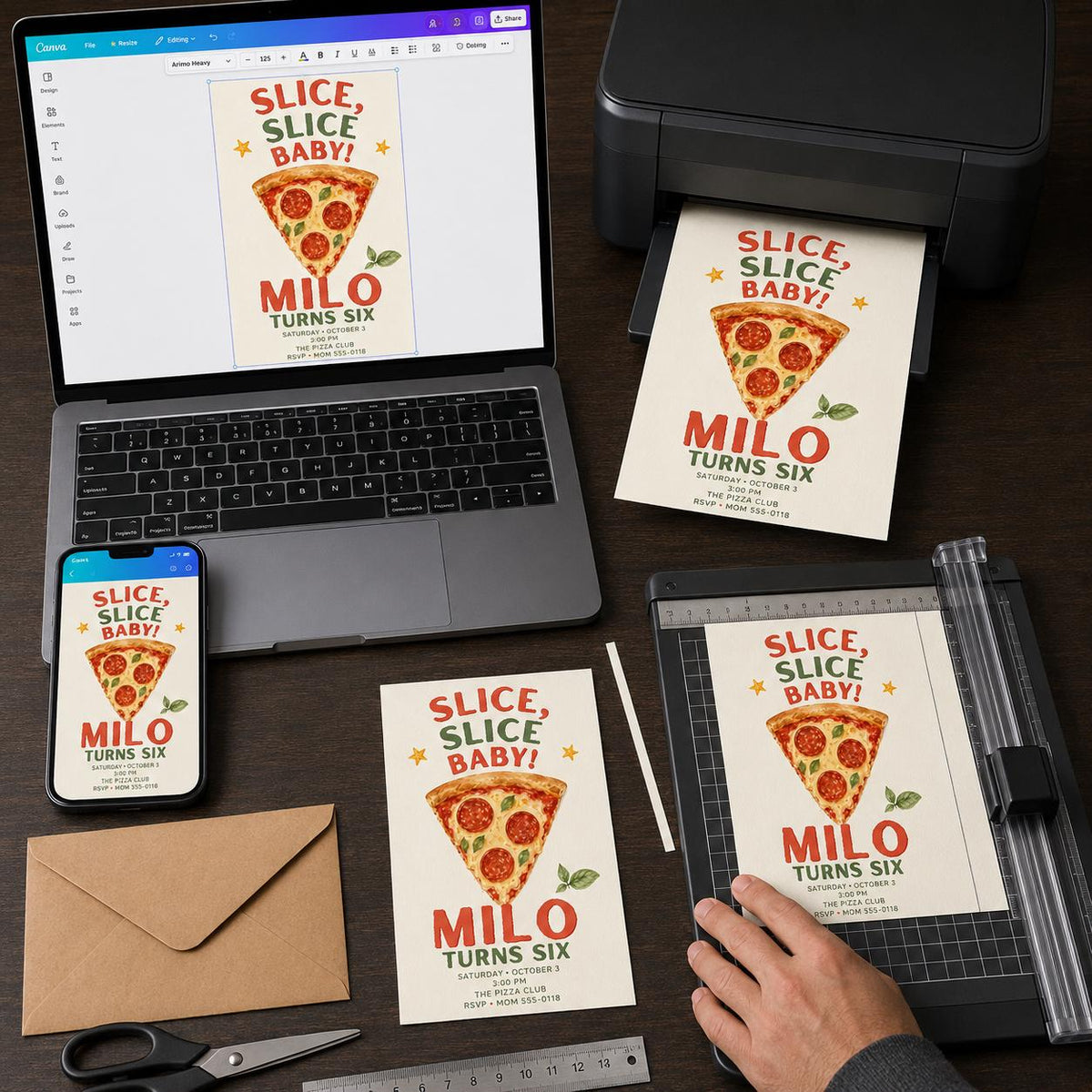 Watercolor Pizza Birthday Invitation — digital invitation, instant download