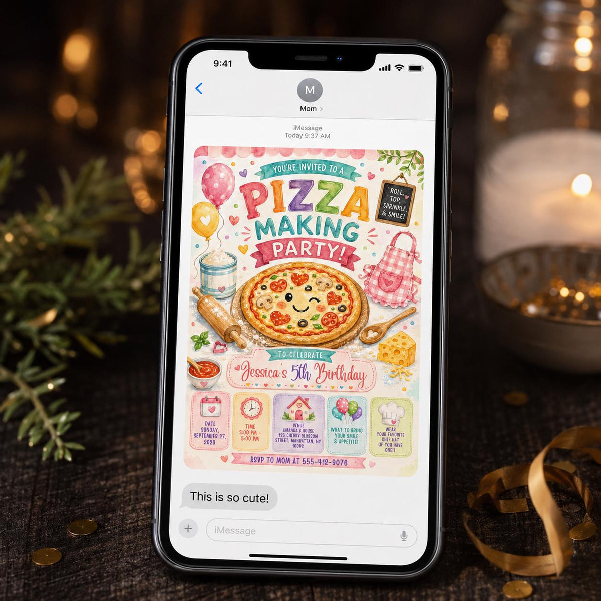 Watercolor Pizza Making 5th Birthday Invitation — invitation you personalize in Canva