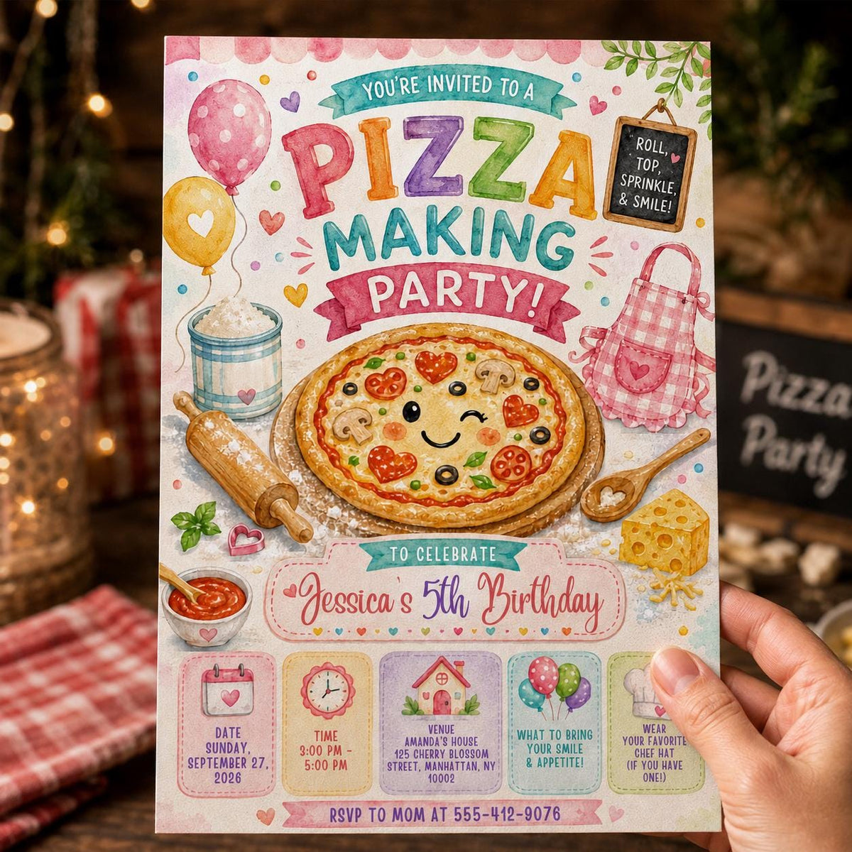 Watercolor Pizza Making 5th Birthday Invitation — print-ready 5th birthday party design from VoltBy