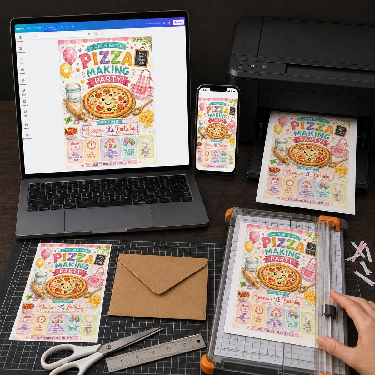Watercolor Pizza Making 5th Birthday Invitation — digital invitation, instant download