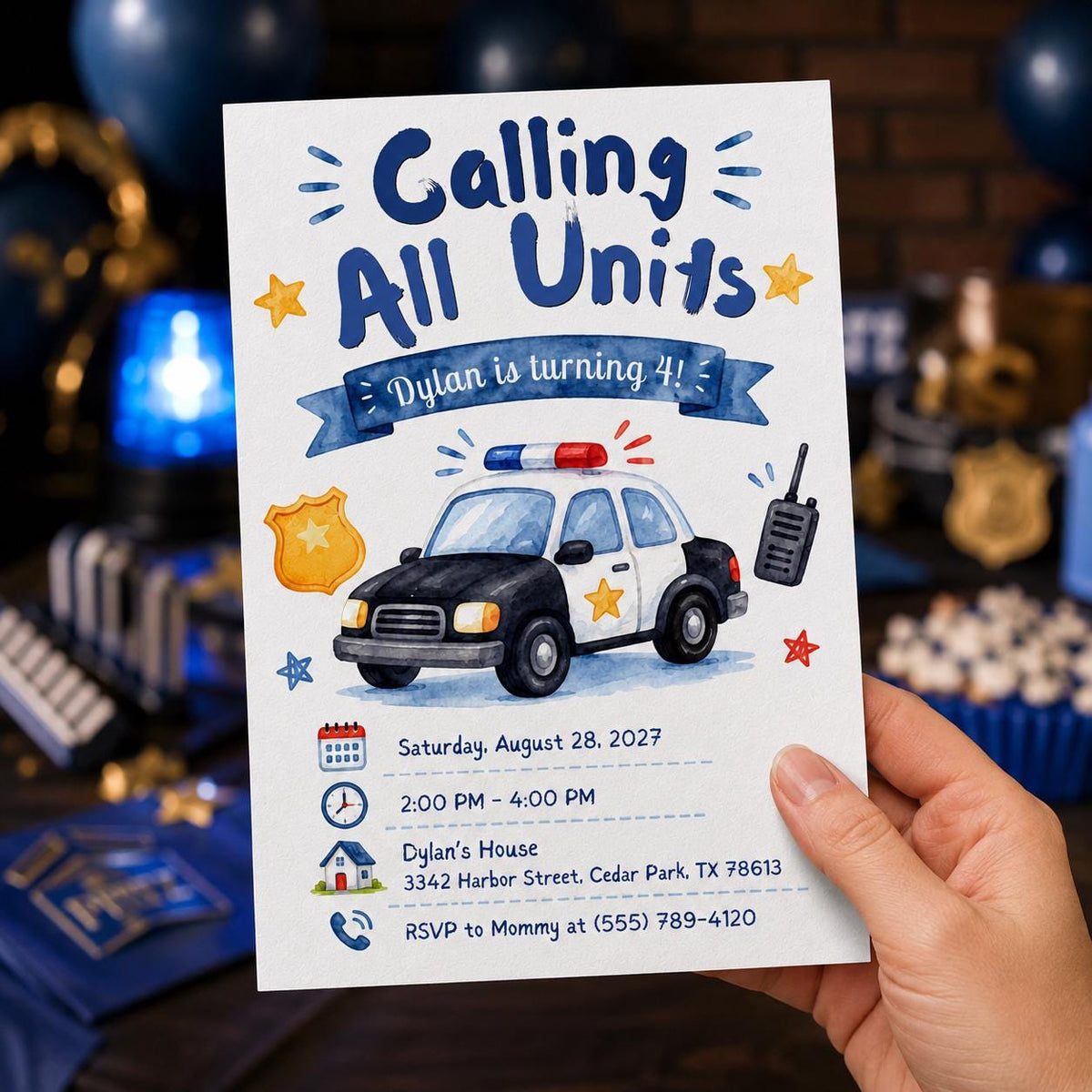 Watercolor Police 4th Birthday Invitation — print-ready 4th birthday party design from VoltBy