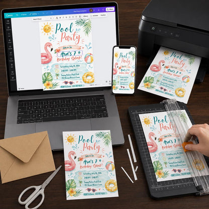 Watercolor Pool Party 7th Birthday Invitation for Girls — flamingo design