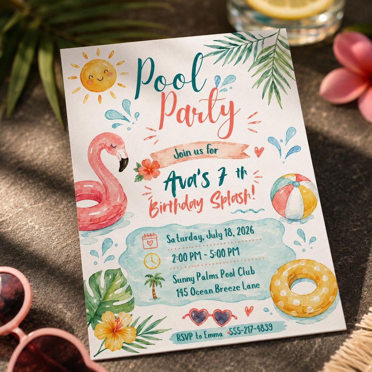 Watercolor Pool Party 7th Birthday Invitation for Girls — invitation you personalize in Canva
