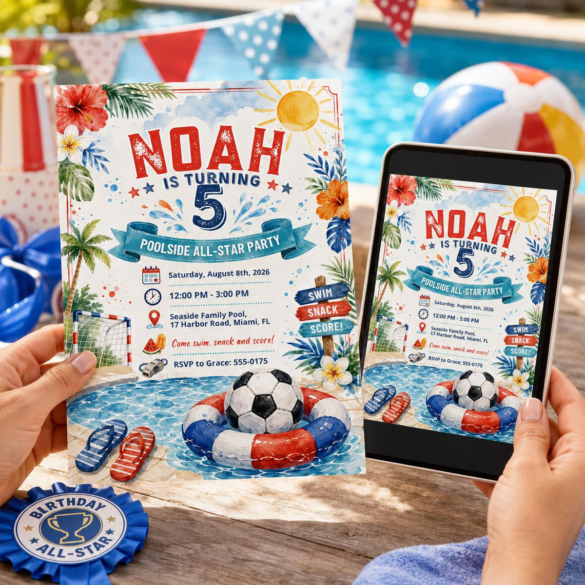 Watercolor Poolside All Star 5th Birthday Invitation for Boys — pool and soccer design