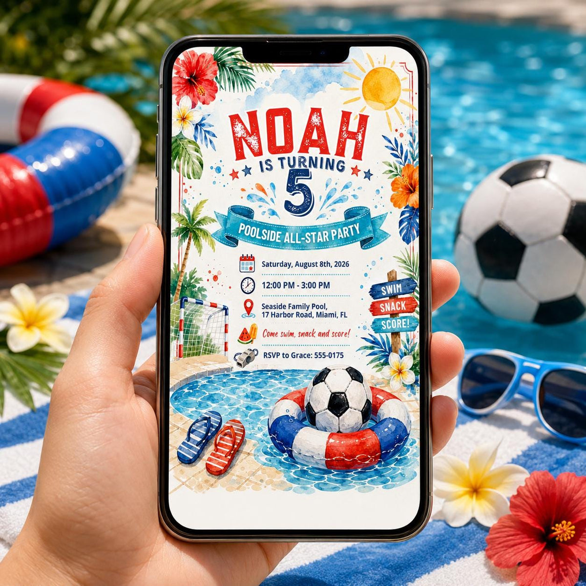 Watercolor Poolside All Star 5th Birthday Invitation for Boys — print-ready 5th birthday party design from VoltBy
