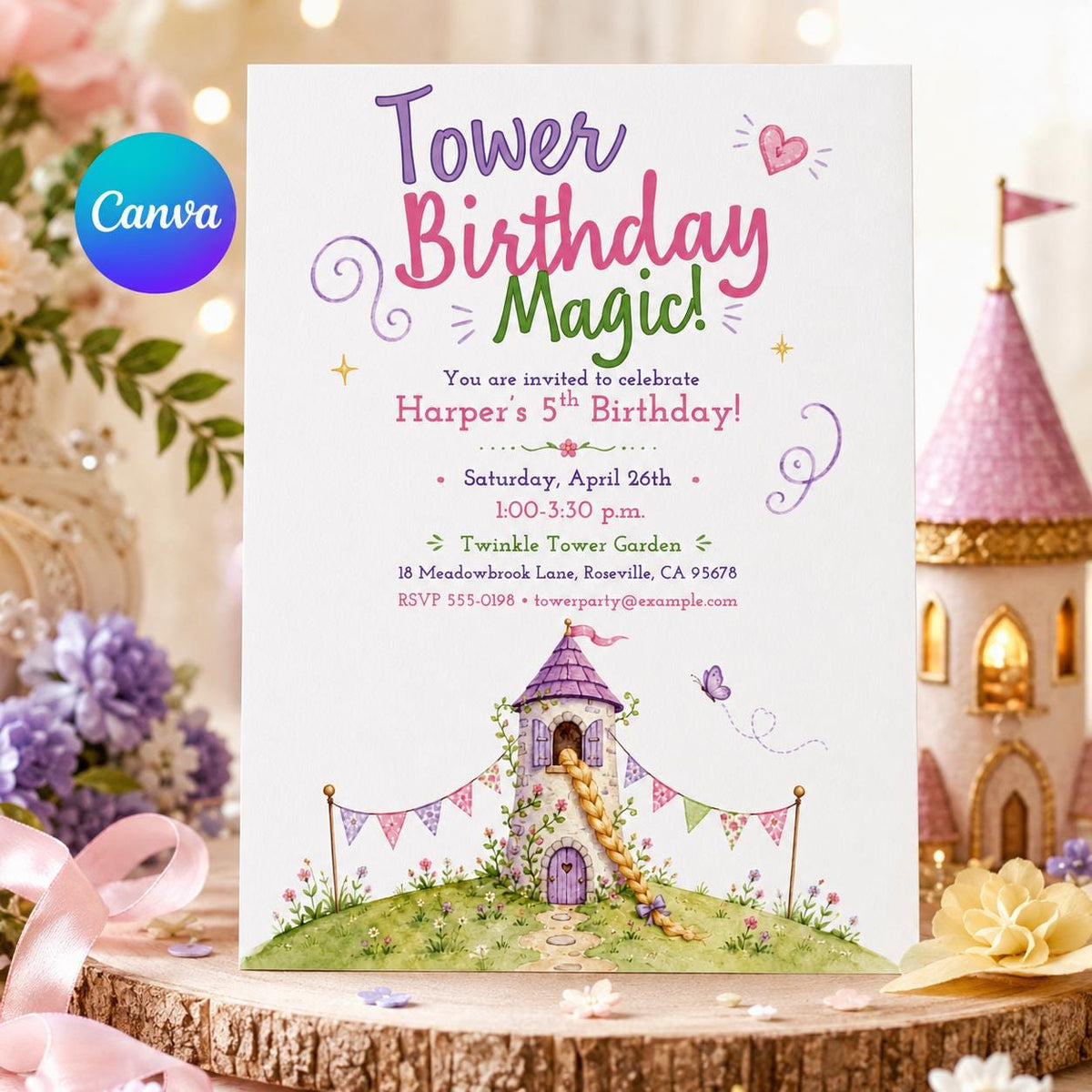 Watercolor Princess Tower 5th Birthday Invitation for Girls — editable Canva template