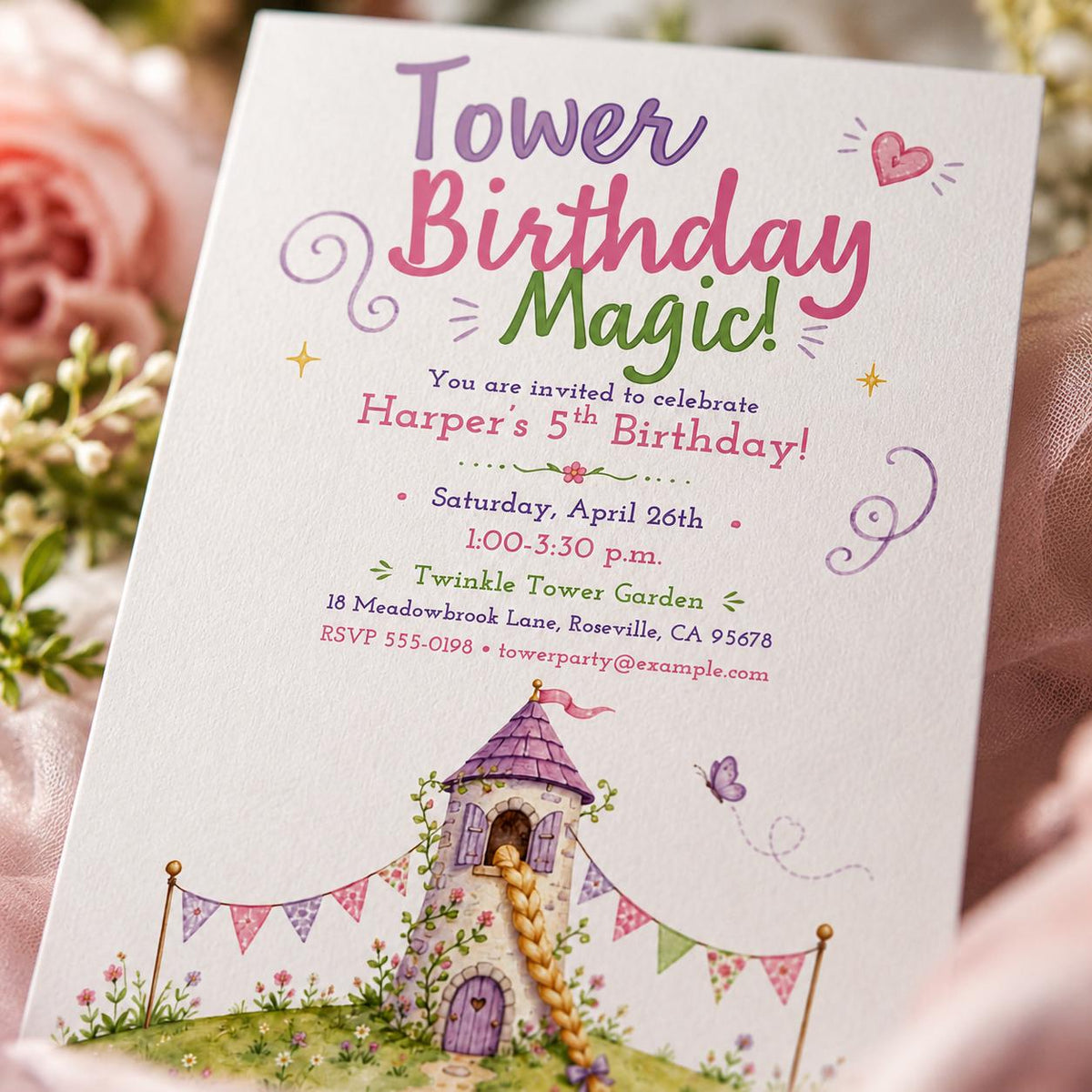 Watercolor Princess Tower 5th Birthday Invitation for Girls — storybook design