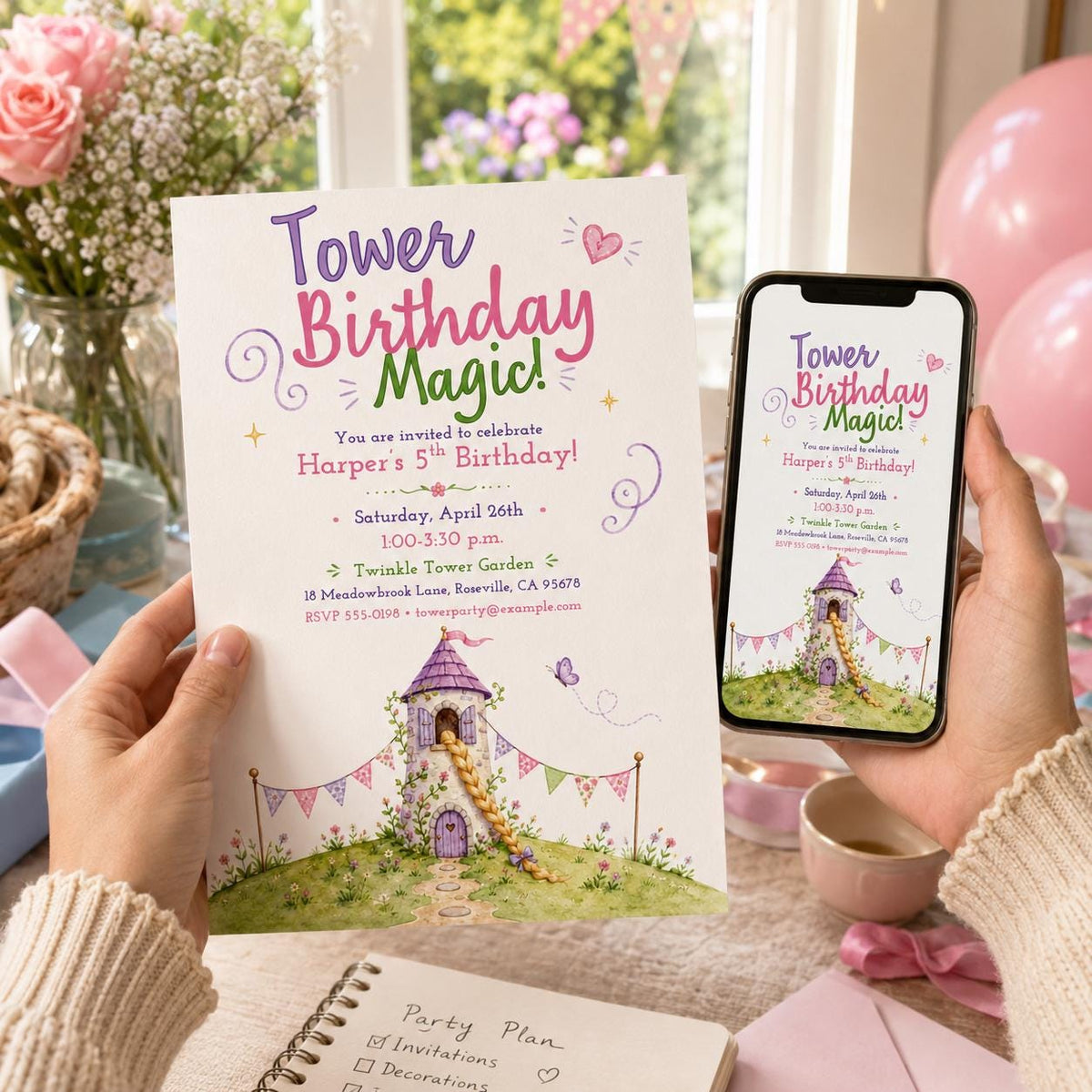 Watercolor Princess Tower 5th Birthday Invitation for Girls — invitation you personalize in Canva