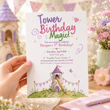 Watercolor Princess Tower 5th Birthday Invitation for Girls — print-ready 5th birthday party design from VoltBy