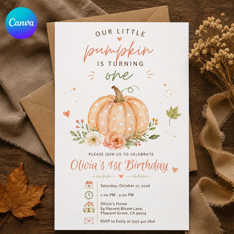 Watercolor Pumpkin First Birthday Invitation