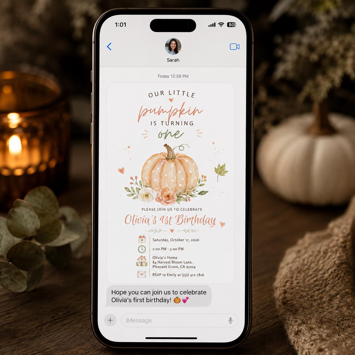 Watercolor Pumpkin First Birthday Invitation — invitation you personalize in Canva
