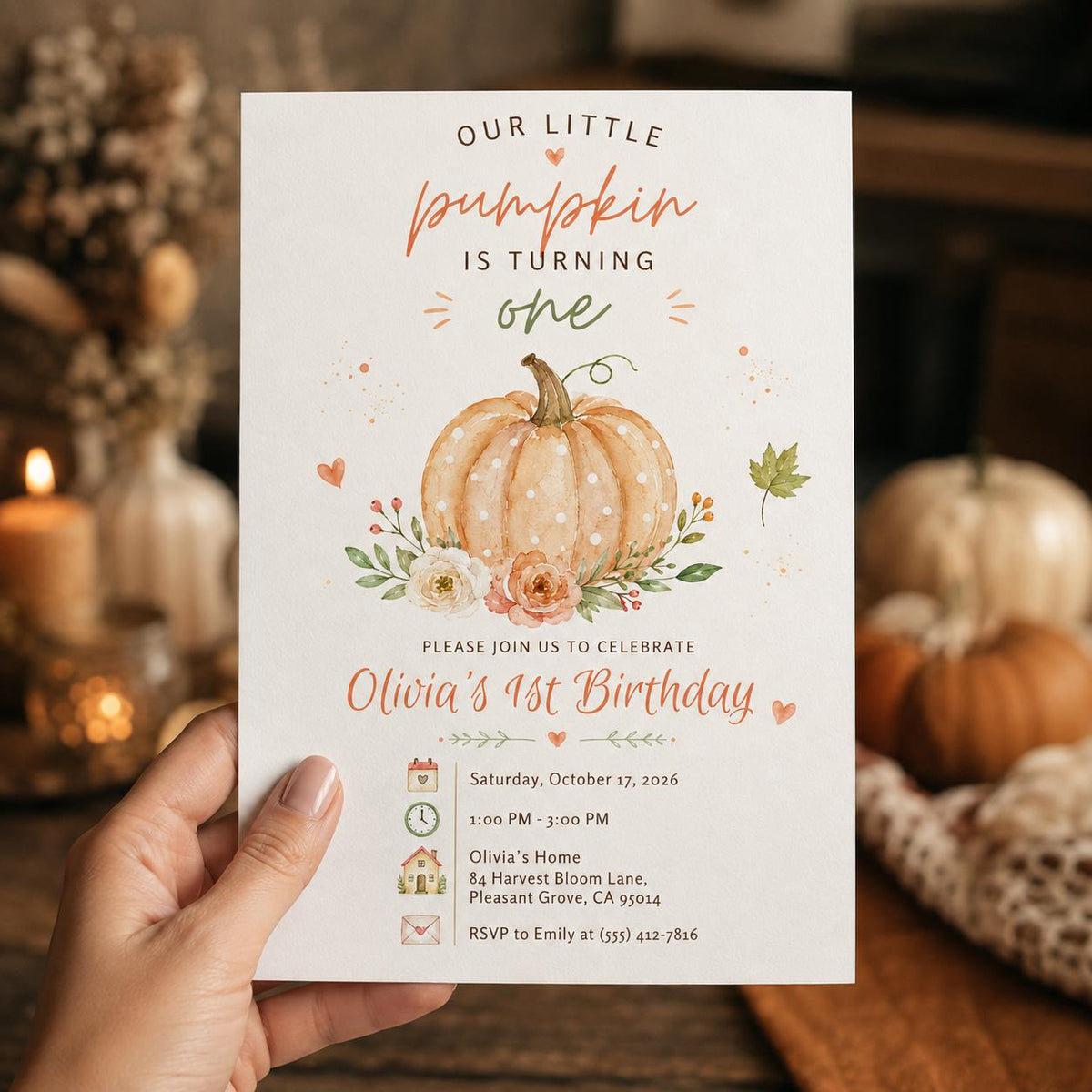 Watercolor Pumpkin First Birthday Invitation — print-ready first birthday design from VoltBy