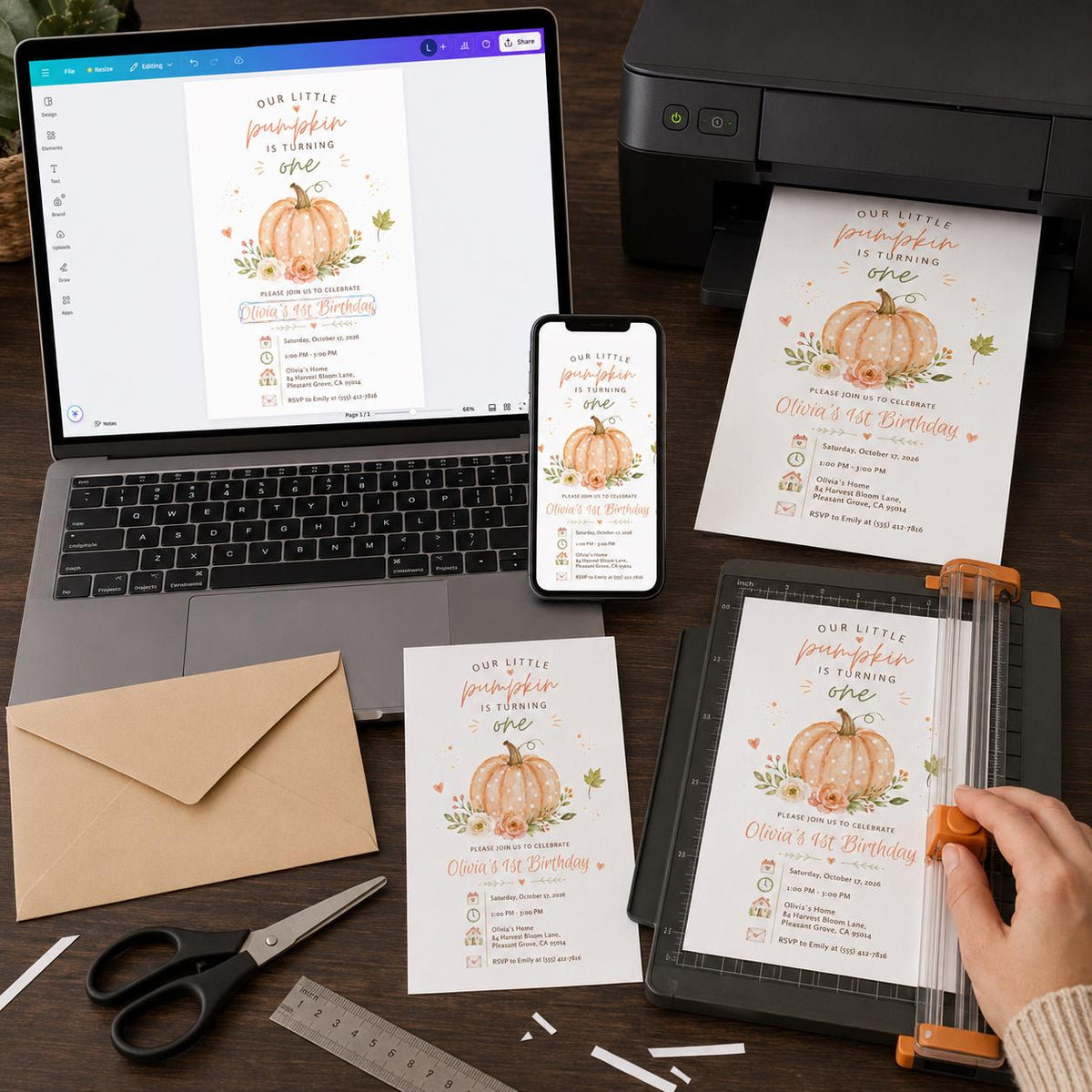 Watercolor Pumpkin First Birthday Invitation — digital invitation, instant download