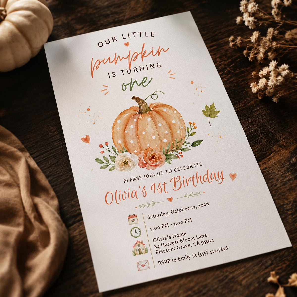 Watercolor Pumpkin First Birthday Invitation — first birthday stationery by VoltBy
