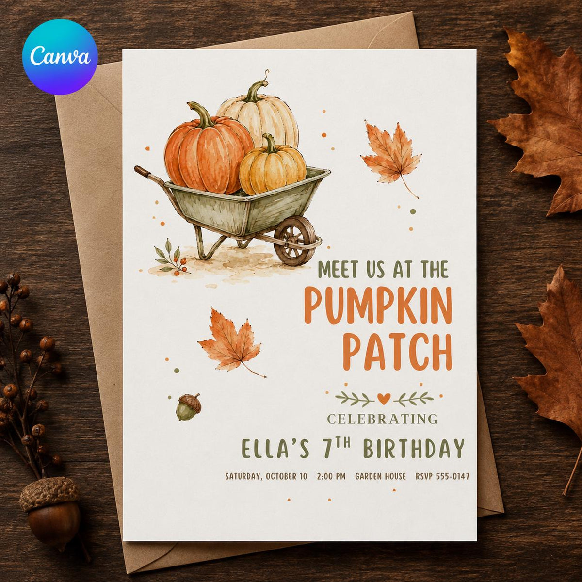 Watercolor Pumpkin Patch 7th Birthday Invitation — editable Canva template