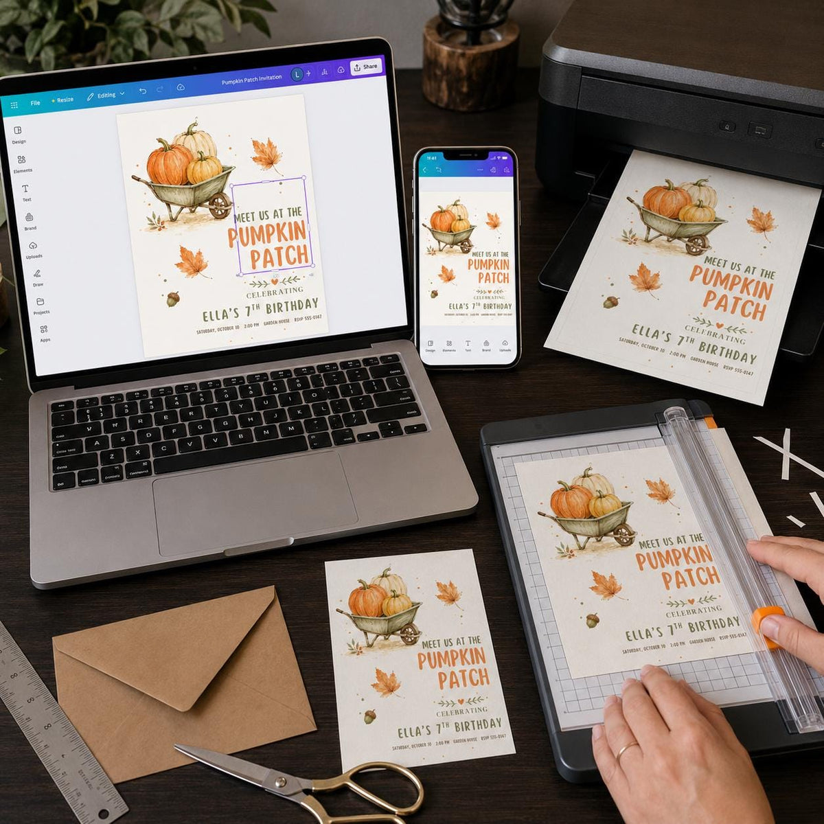 Watercolor Pumpkin Patch 7th Birthday Invitation — digital invitation, instant download