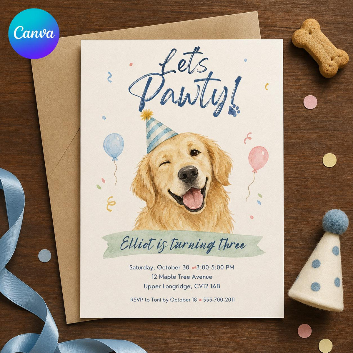 Watercolor Puppy 3rd Birthday Invitation — editable Canva template