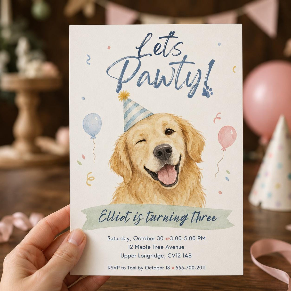 Watercolor Puppy 3rd Birthday Invitation — print-ready 3rd birthday party design from VoltBy
