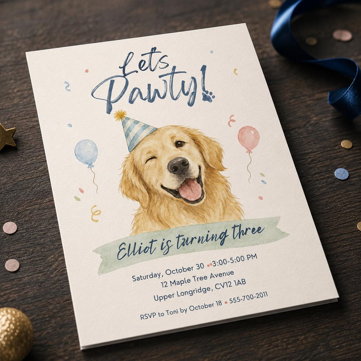 Watercolor Puppy 3rd Birthday Invitation — 3rd birthday party stationery by VoltBy