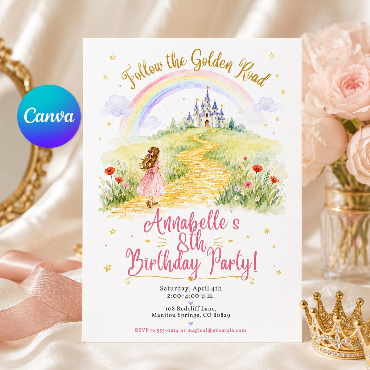 Watercolor Rainbow Castle 8th Birthday Invitation for Girls — editable Canva template