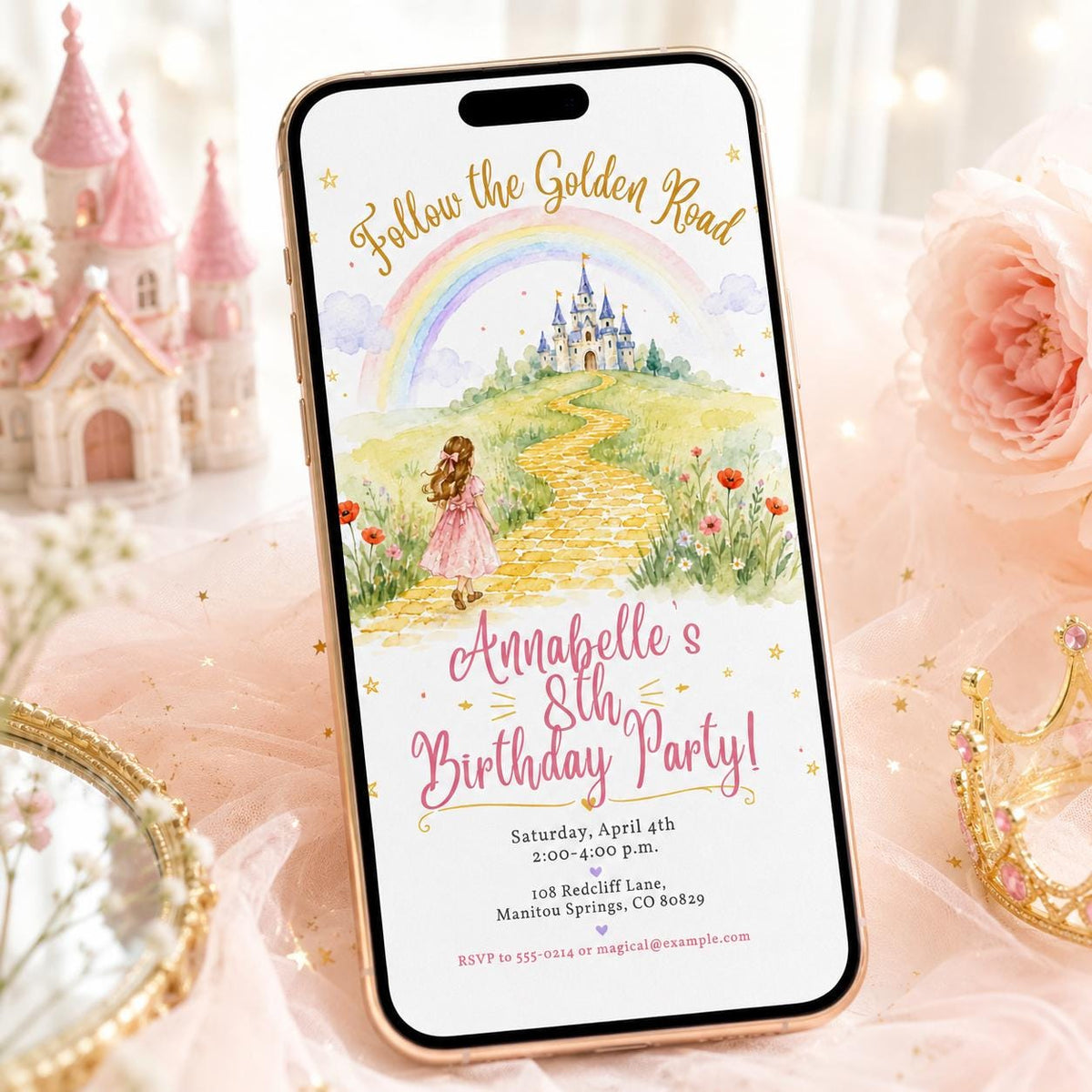 Watercolor Rainbow Castle 8th Birthday Invitation for Girls — princess design