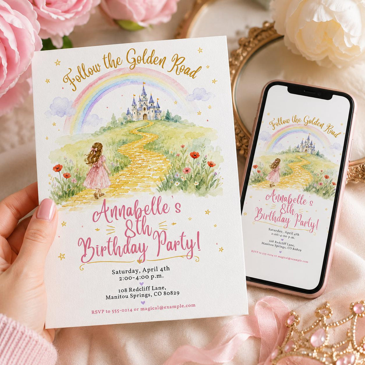 Watercolor Rainbow Castle 8th Birthday Invitation for Girls — print-ready 8th birthday party design from VoltBy