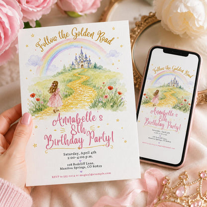 Watercolor Rainbow Castle 8th Birthday Invitation for Girls — print-ready 8th birthday party design from VoltBy