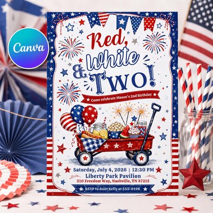 Watercolor Red White and Two Birthday Invitation — editable Canva template