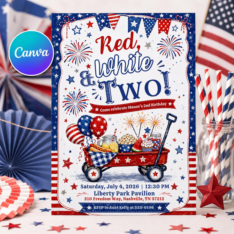 Watercolor Red White and Two Birthday Invitation