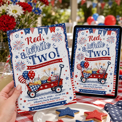 Watercolor Red White and Two Birthday Invitation — patriotic design