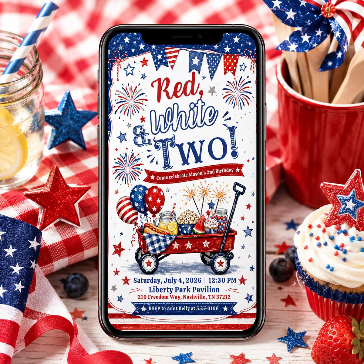 Watercolor Red White and Two Birthday Invitation — print-ready 2nd birthday party design from VoltBy